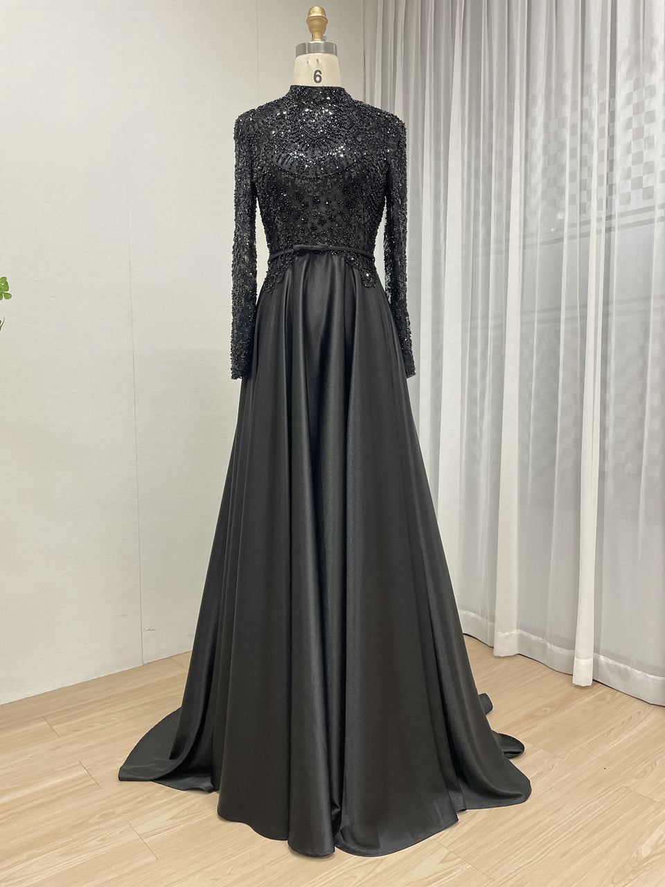 Black High-Neck Evening Dress: Long Sleeve Formal Gown with Satin Skirt MB40439