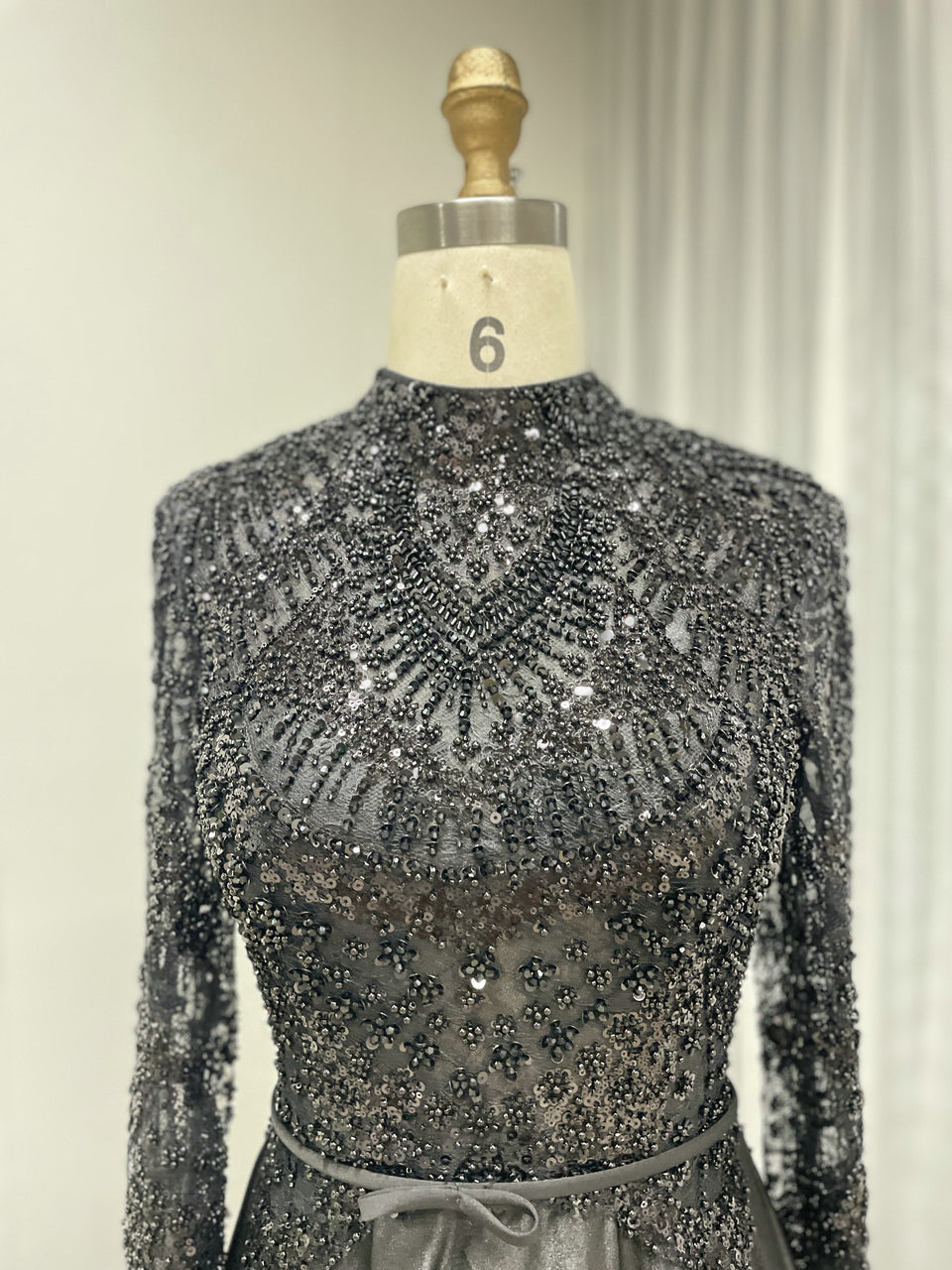 Black High-Neck Evening Dress: Long Sleeve Formal Gown with Satin Skirt MB40439