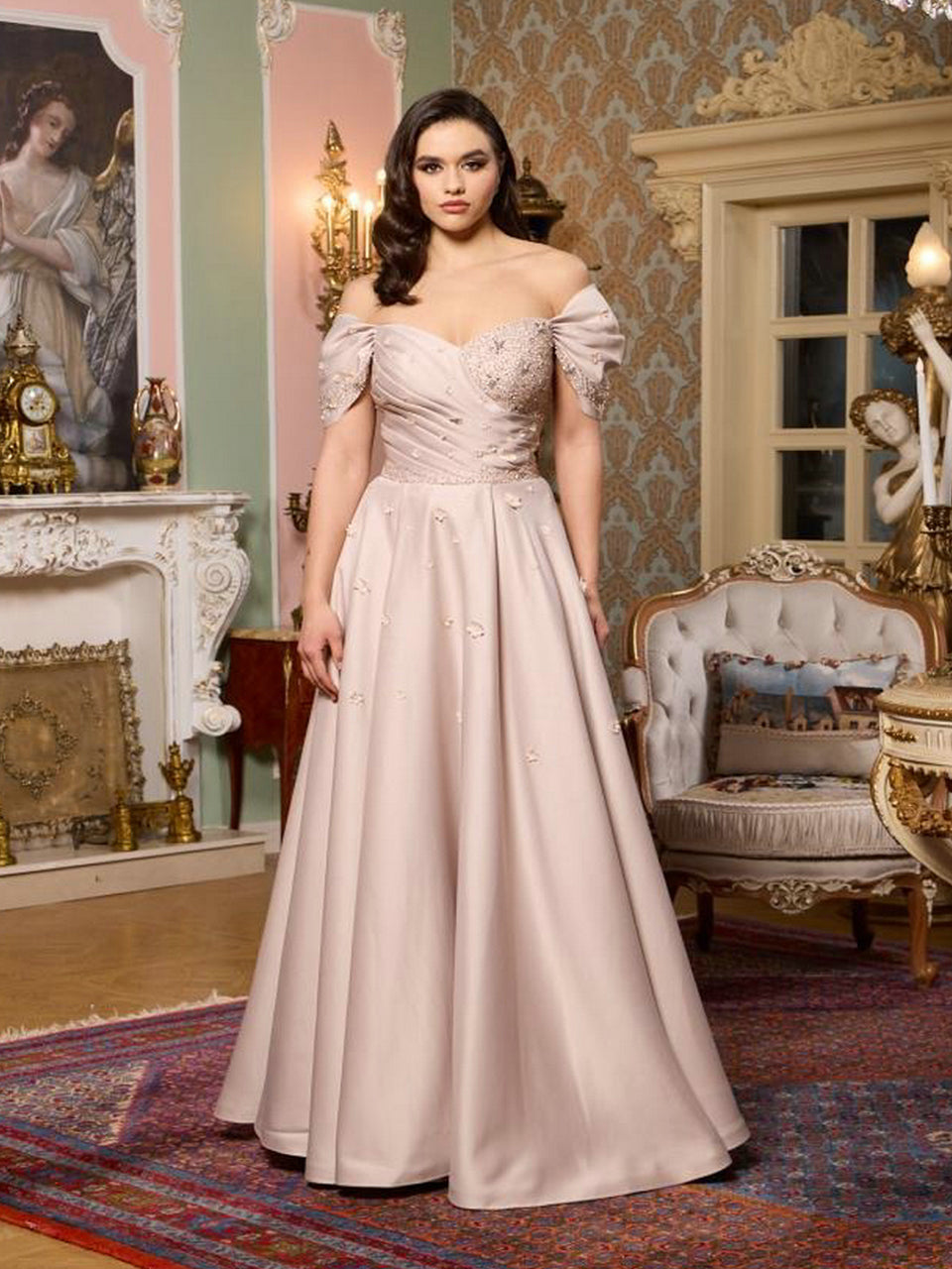 Chic Off-Shoulder Satin A-Line Evening Dress with Beaded Bodice Flowers MB40440