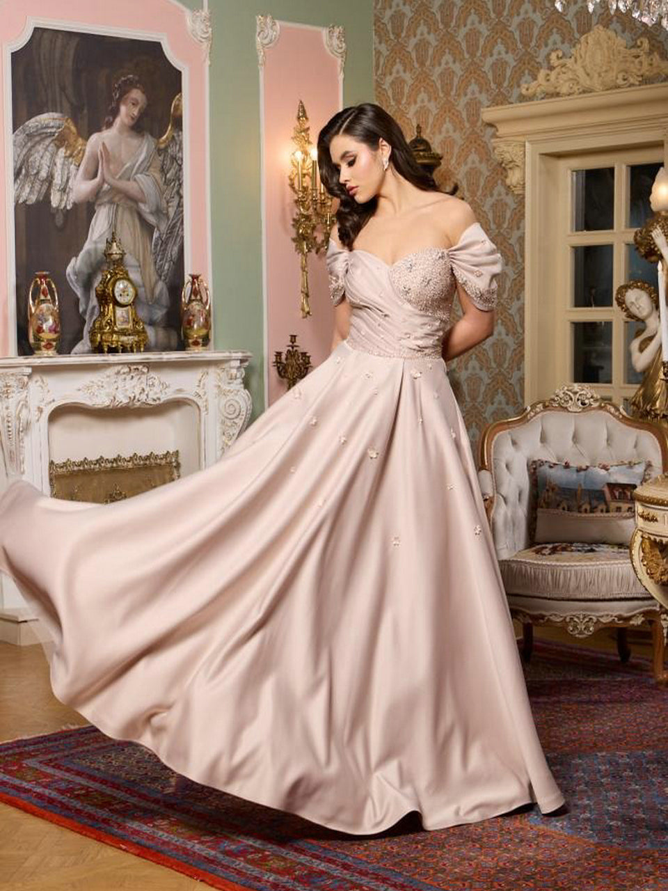 Chic Off-Shoulder Satin A-Line Evening Dress with Beaded Bodice Flowers MB40440