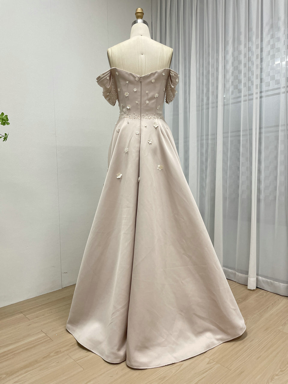 Chic Off-Shoulder Satin A-Line Evening Dress with Beaded Bodice Flowers MB40440