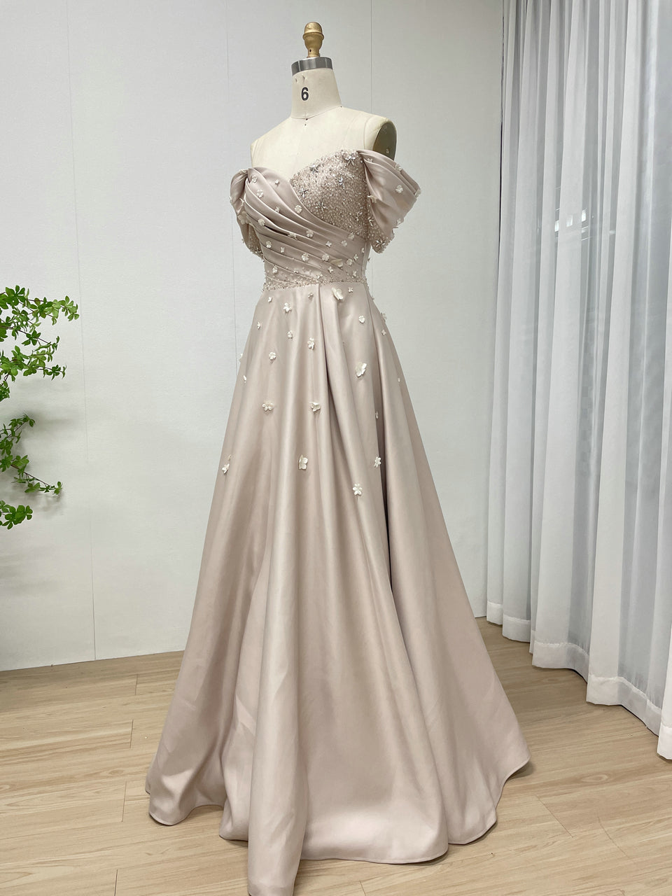 Chic Off-Shoulder Satin A-Line Evening Dress with Beaded Bodice Flowers MB40440