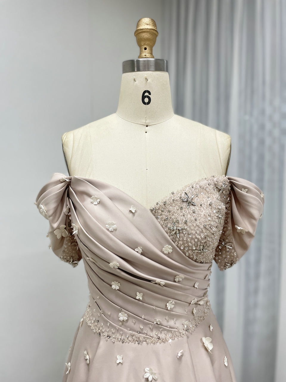 Chic Off-Shoulder Satin A-Line Evening Dress with Beaded Bodice Flowers MB40440