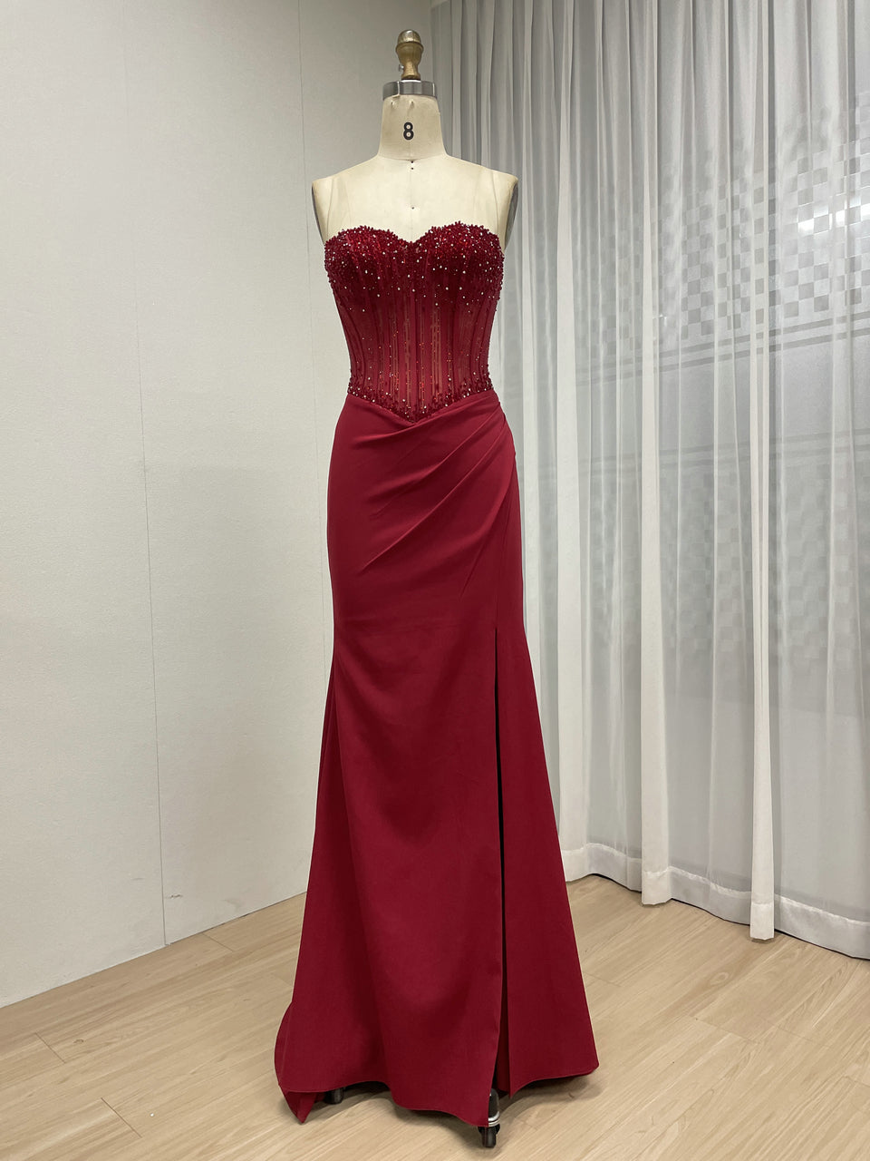 Burgundy Sweetheart Evening Gown Fitted Skirt Side Slit Sparkle Corset Top MB40442