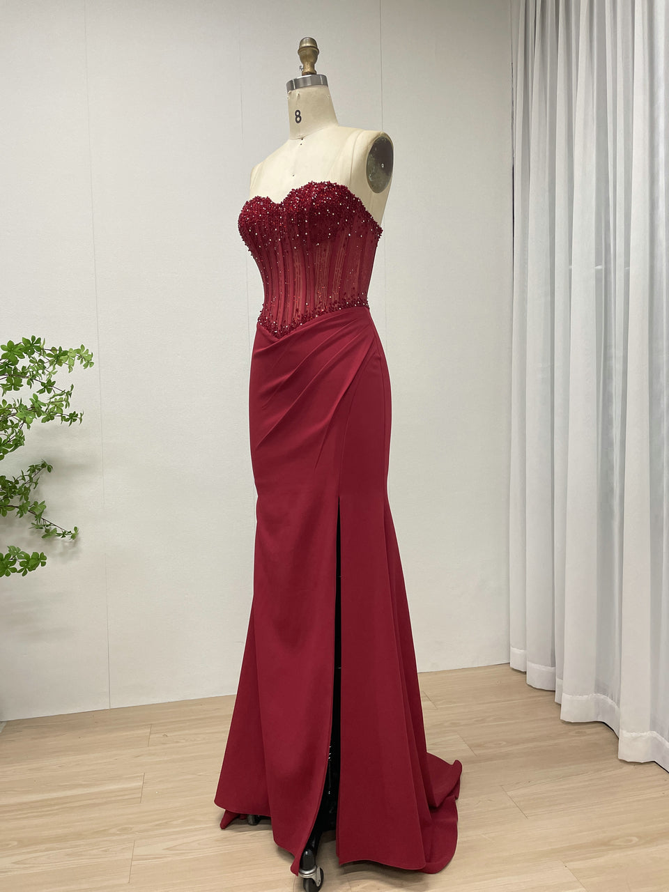 Burgundy Sweetheart Evening Gown Fitted Skirt Side Slit Sparkle Corset Top MB40442