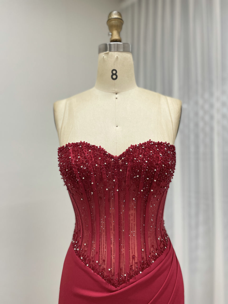 Burgundy Sweetheart Evening Gown Fitted Skirt Side Slit Sparkle Corset Top MB40442