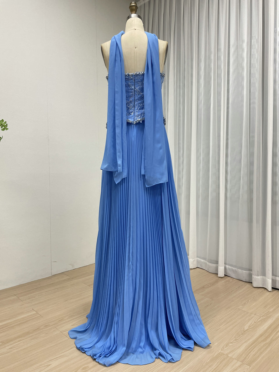 Cornflower Blue Pleated Evening Gown – Beaded Corset Bodice & Basque Waist MB40455