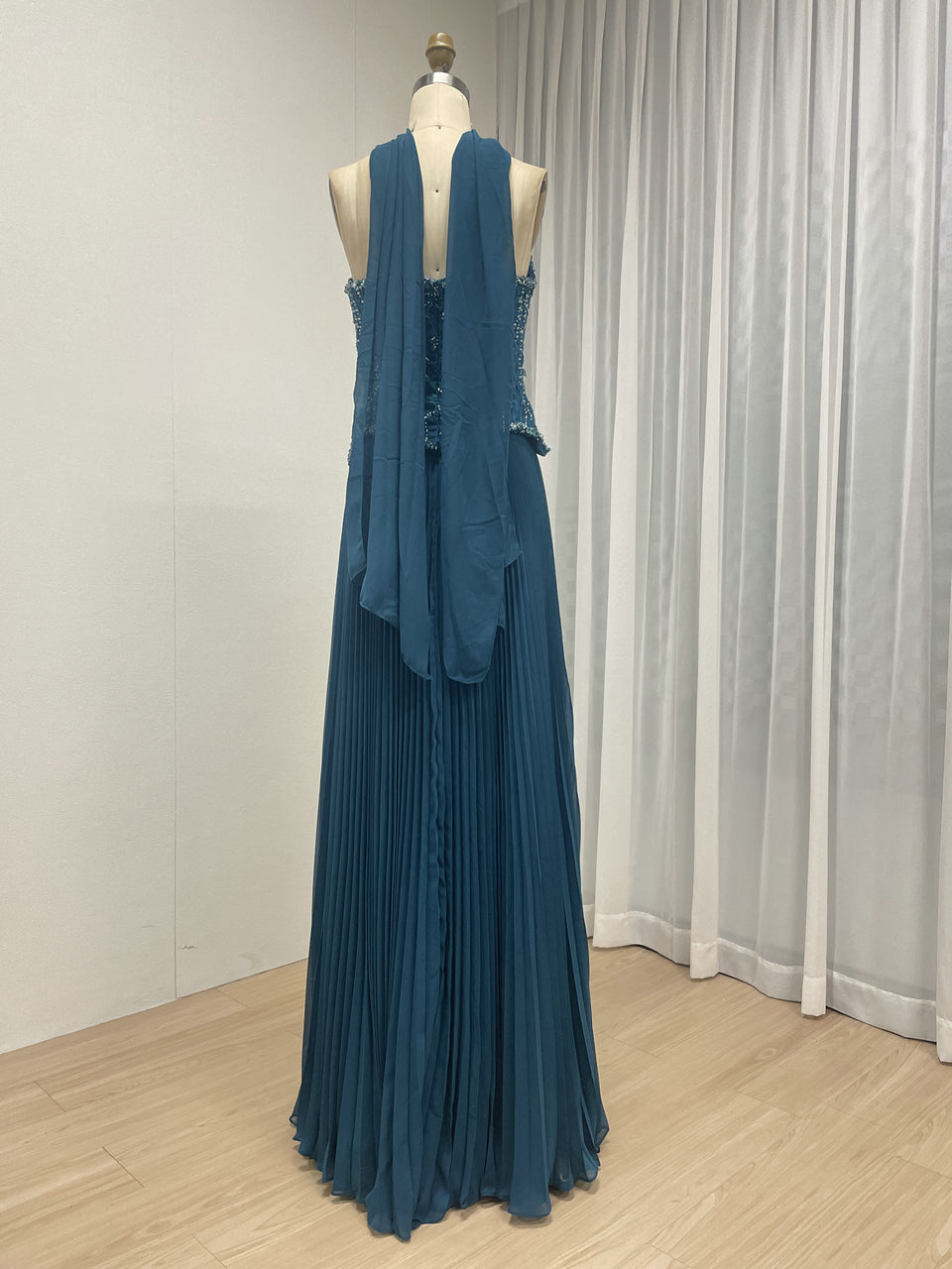 Cornflower Blue Pleated Evening Gown – Beaded Corset Bodice & Basque Waist MB40455