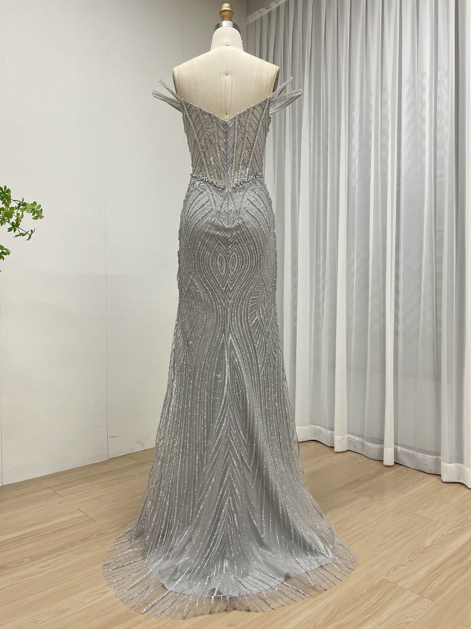 Shimmering Grey Corset Evening Gown with High Slit MB40463