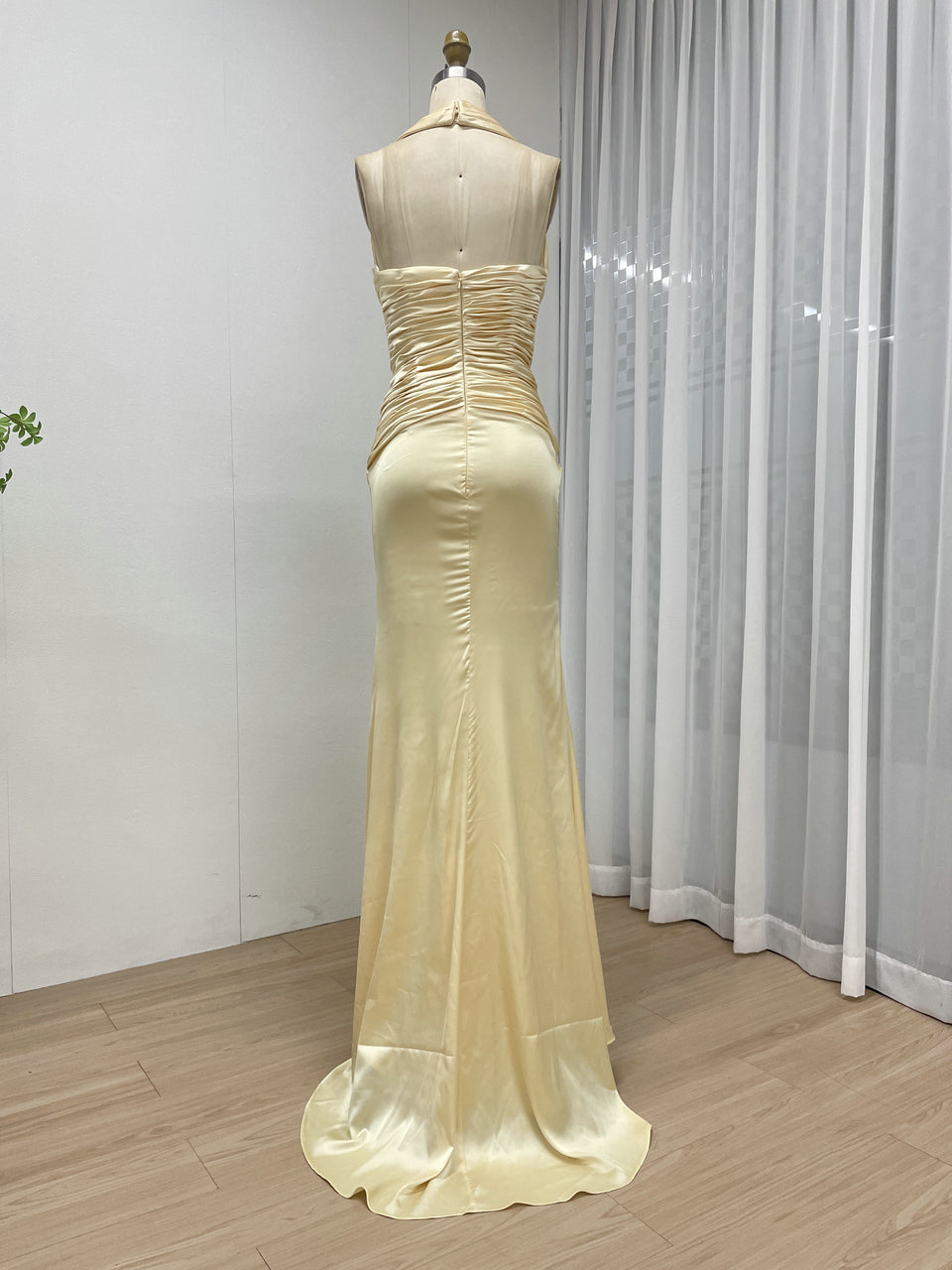 Pale Yellow Halter Neck Ruched Satin Evening Gown MB40464