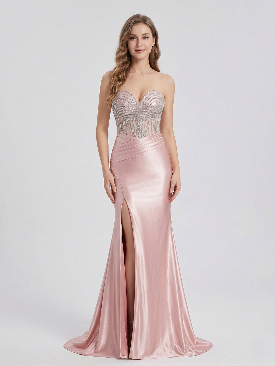 Pink Strapless Corset Prom Dress with Handmade Beading Bodice and High