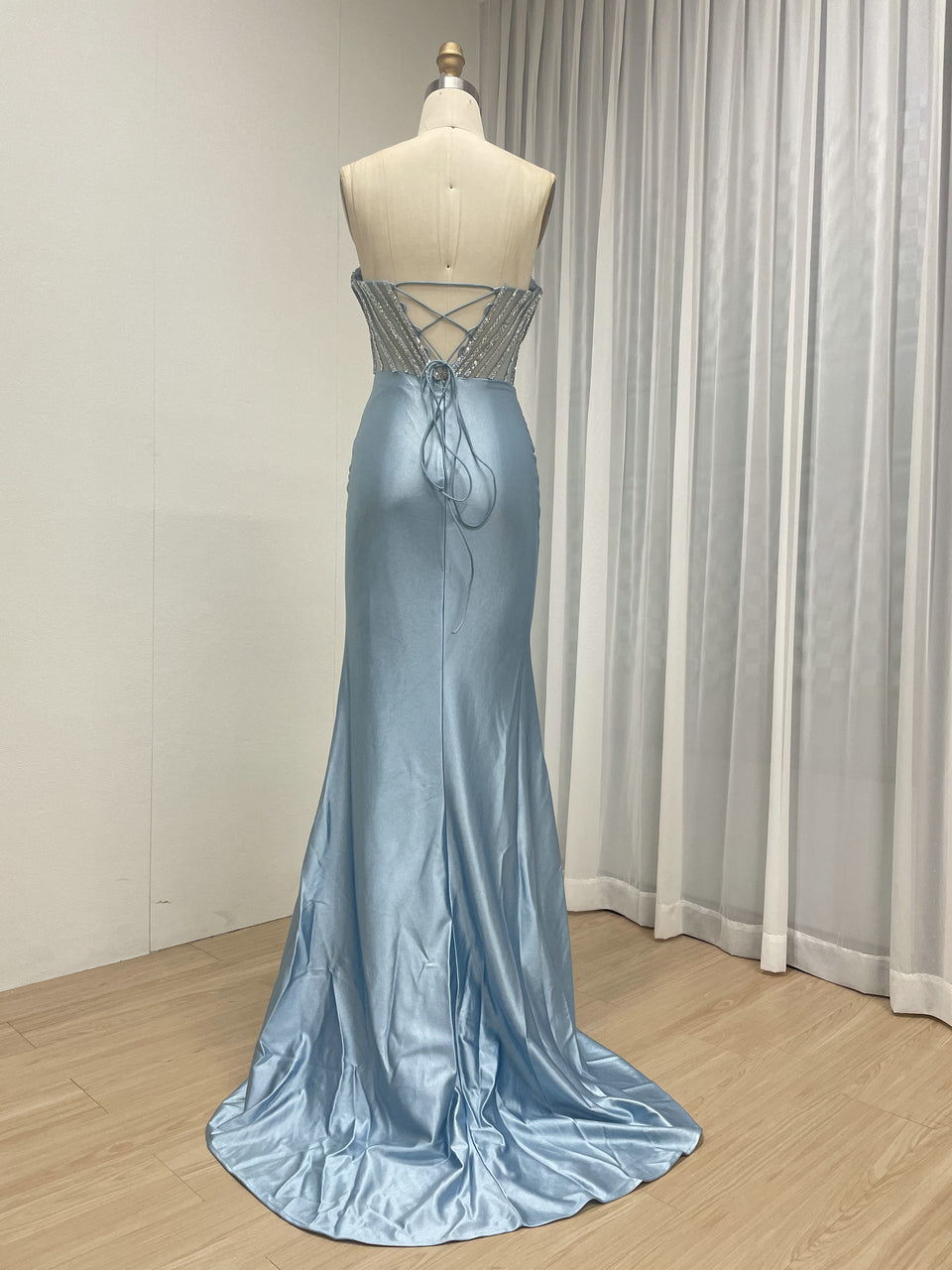 Pink Strapless Corset Prom Dress with Handmade Beading Bodice and High Slit MB40468