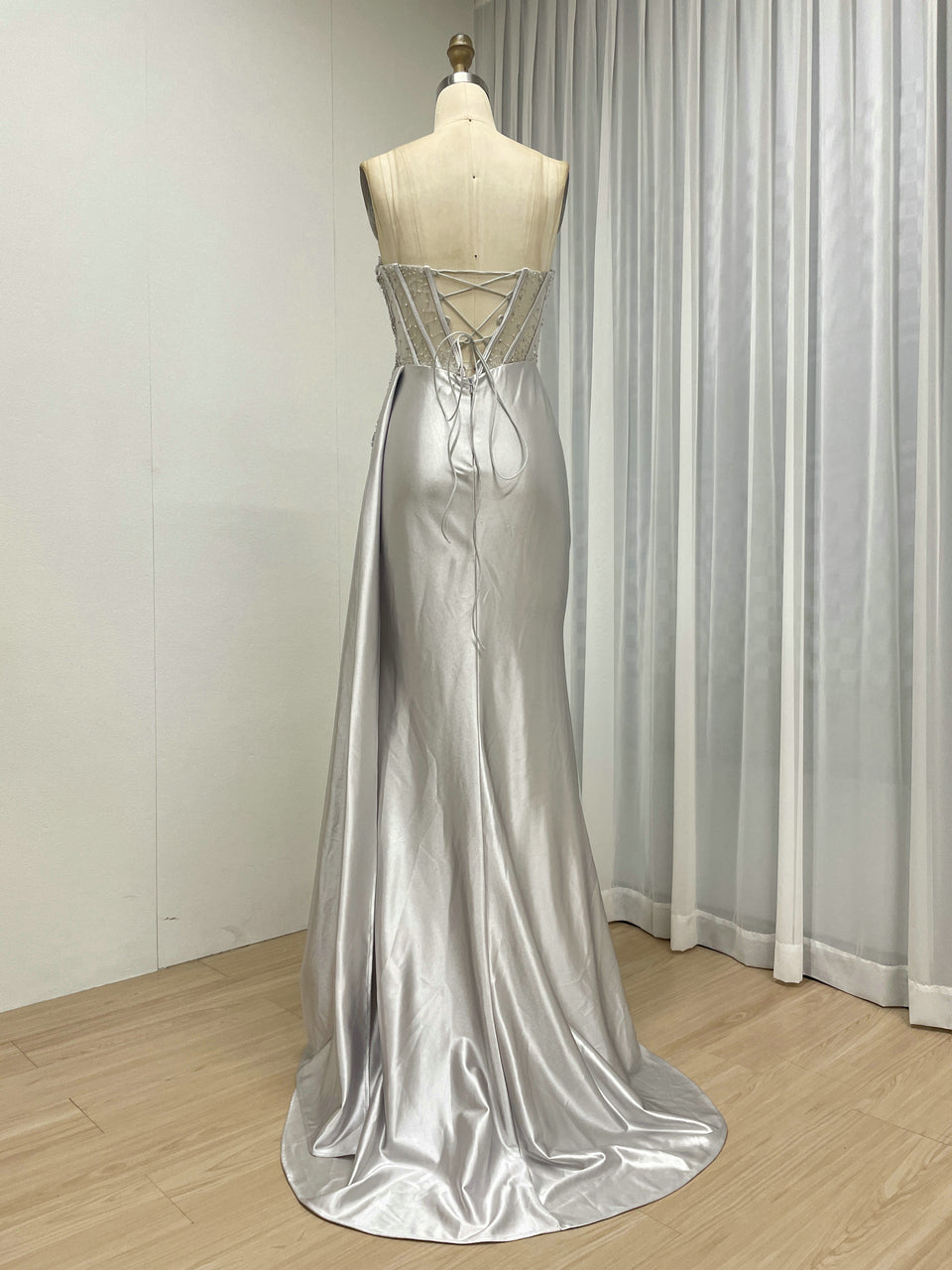Green Satin Beaded Corset Evening Gown with High Slit MB40475