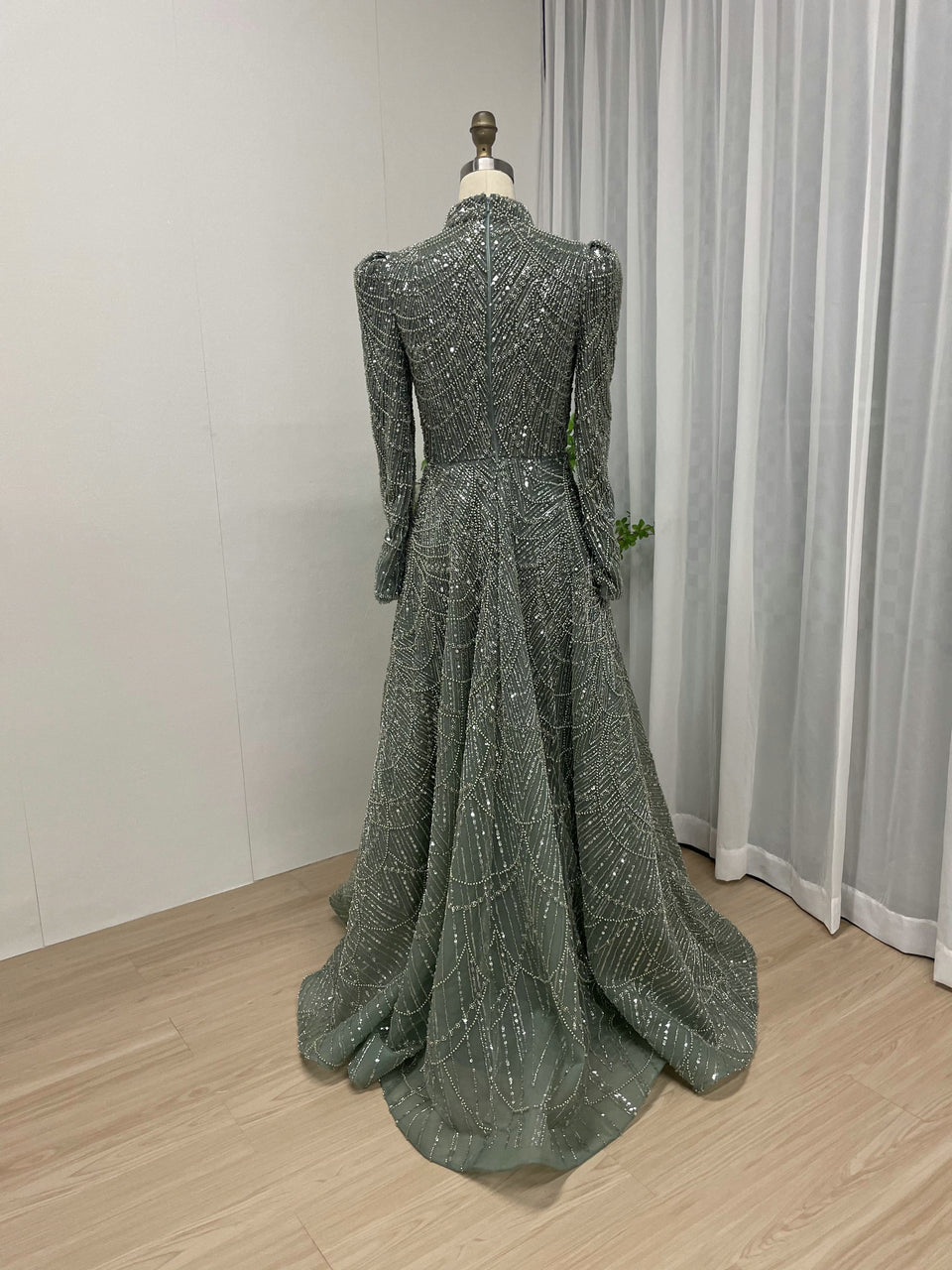 Green Beaed Hight Neck Gala Gown - Long Sleeve Beaded A-Line Evening Dress MC20041