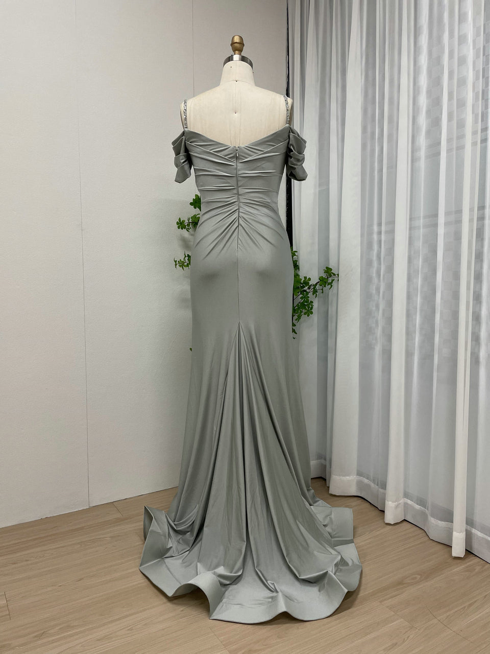 Elegant Sage Green Off-the-Shoulder Ruched Evening Gown with Beaded Straps & High Slit MC20043-3