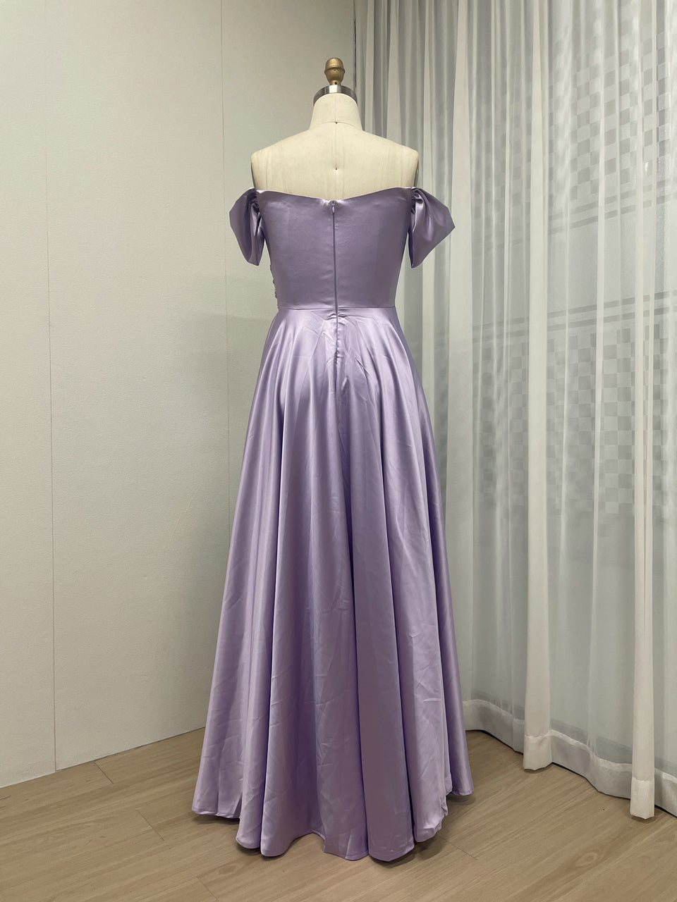 Lavender Off-The-Shoulder Satin A-Line Evening Gown - Pleated Bodice Formal Dress MC20059