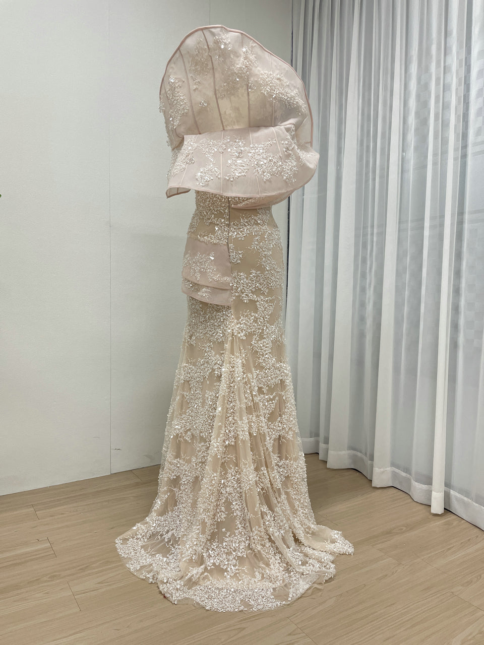 Blush Pink Sequin Lace Mermaid Evening Gown with Dramatic Ruffle Shoulders MC20065