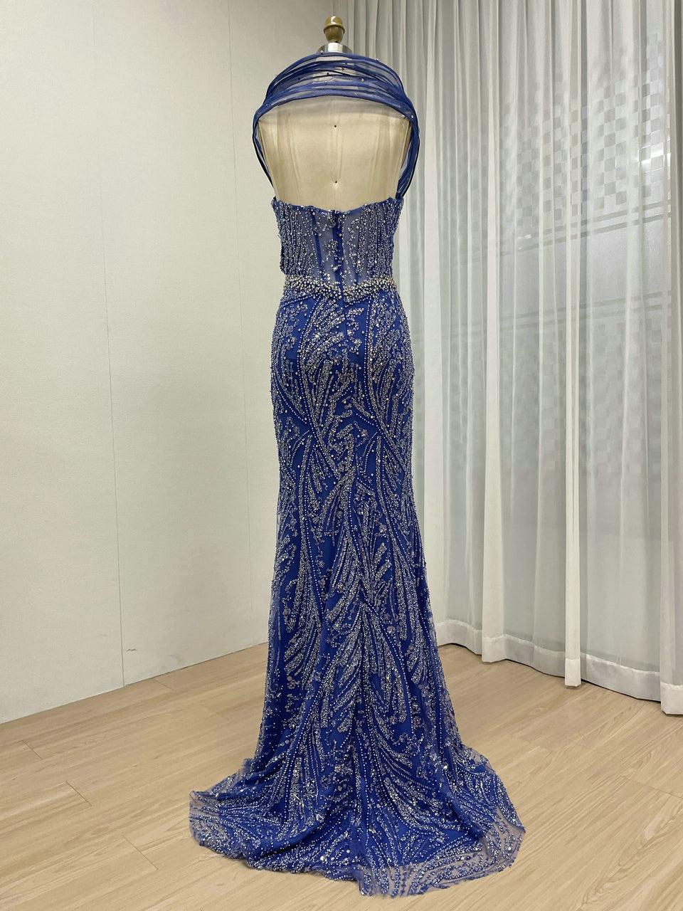 Champagne Beaded Mermaid Evening Gown - Pleated Off-Shoulder Gala Dress MC20069