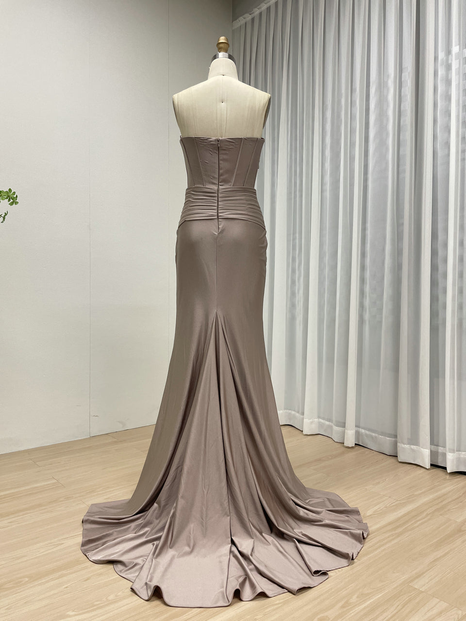 Strapless Corset Mermaid Evening Gown with Thigh-High Slit - Mocha Taupe MC20074