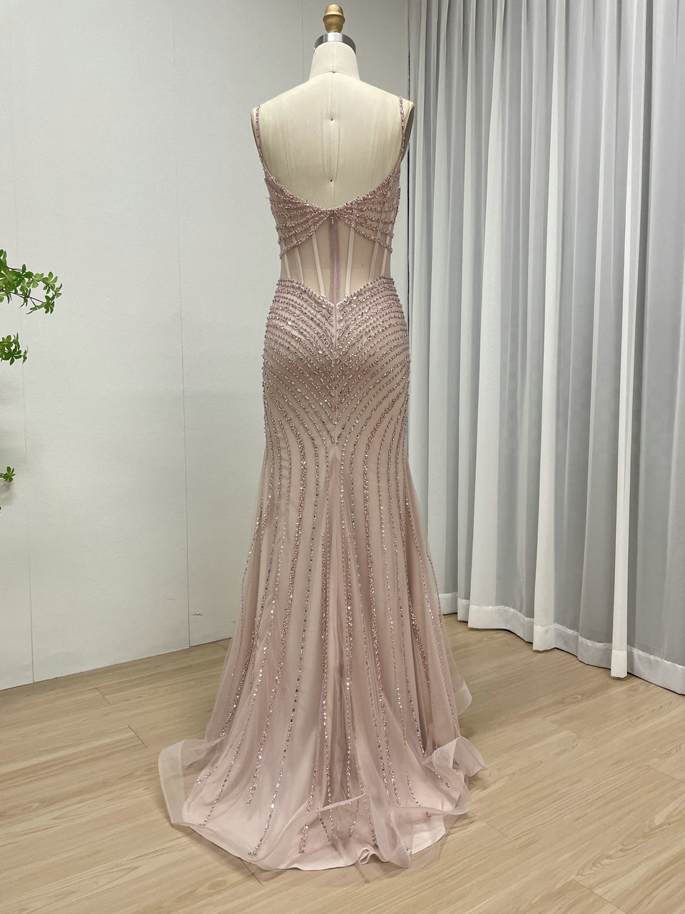 Luxury Beaded Prom Dress - Pink Mermaid Formal Gown with Illusion Waist MC20075