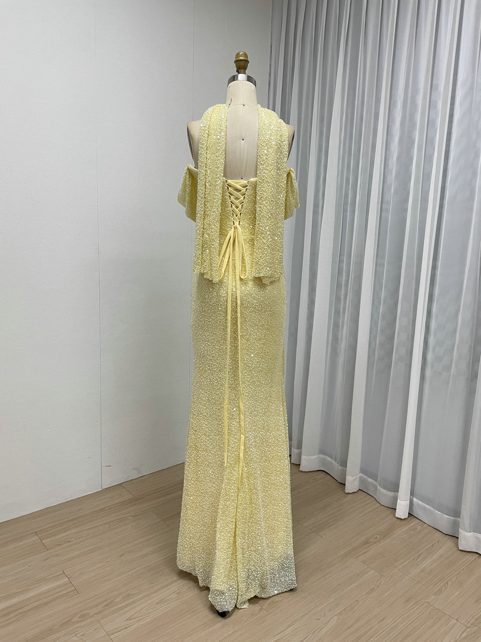 Champagne Beaed Off-the-Shoulder Gala Gown with Draped Bodice & Choker MC20083-4