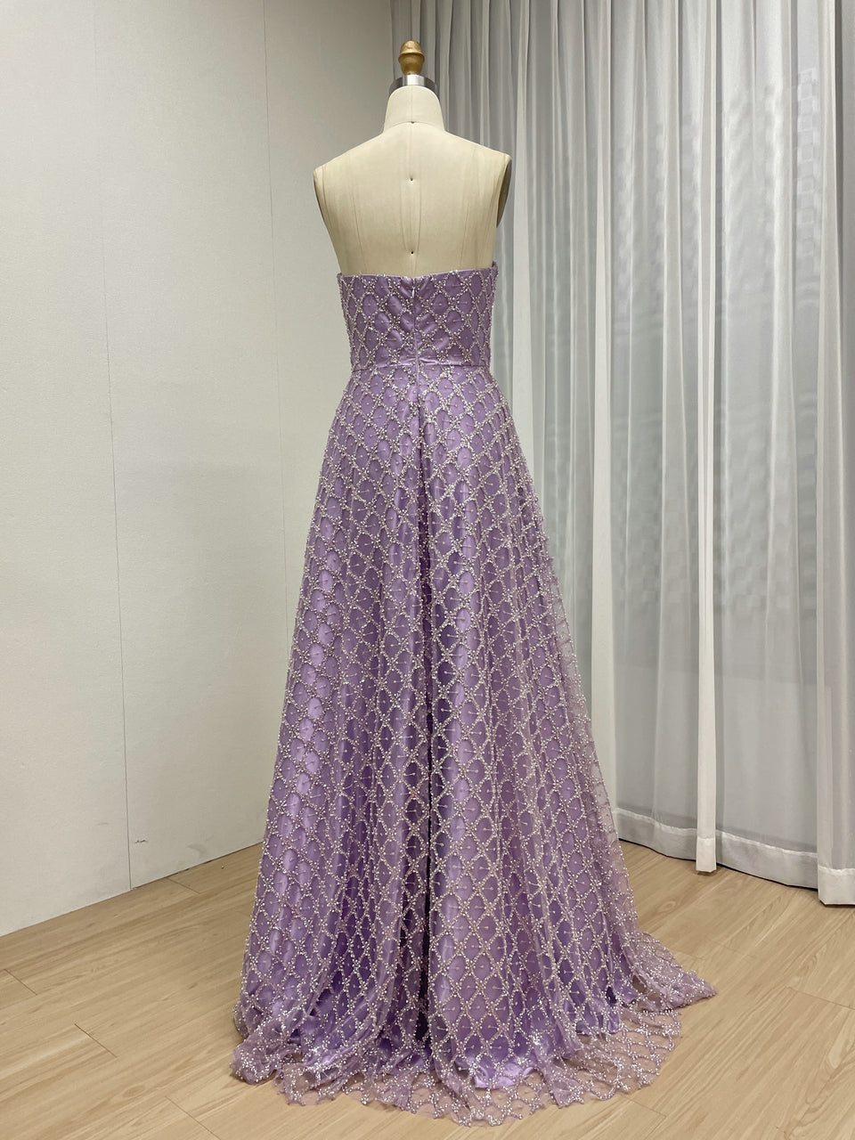 Purple One-Shoulder Crystal Beading Evening Gown with Satin Cape Train - MC20088