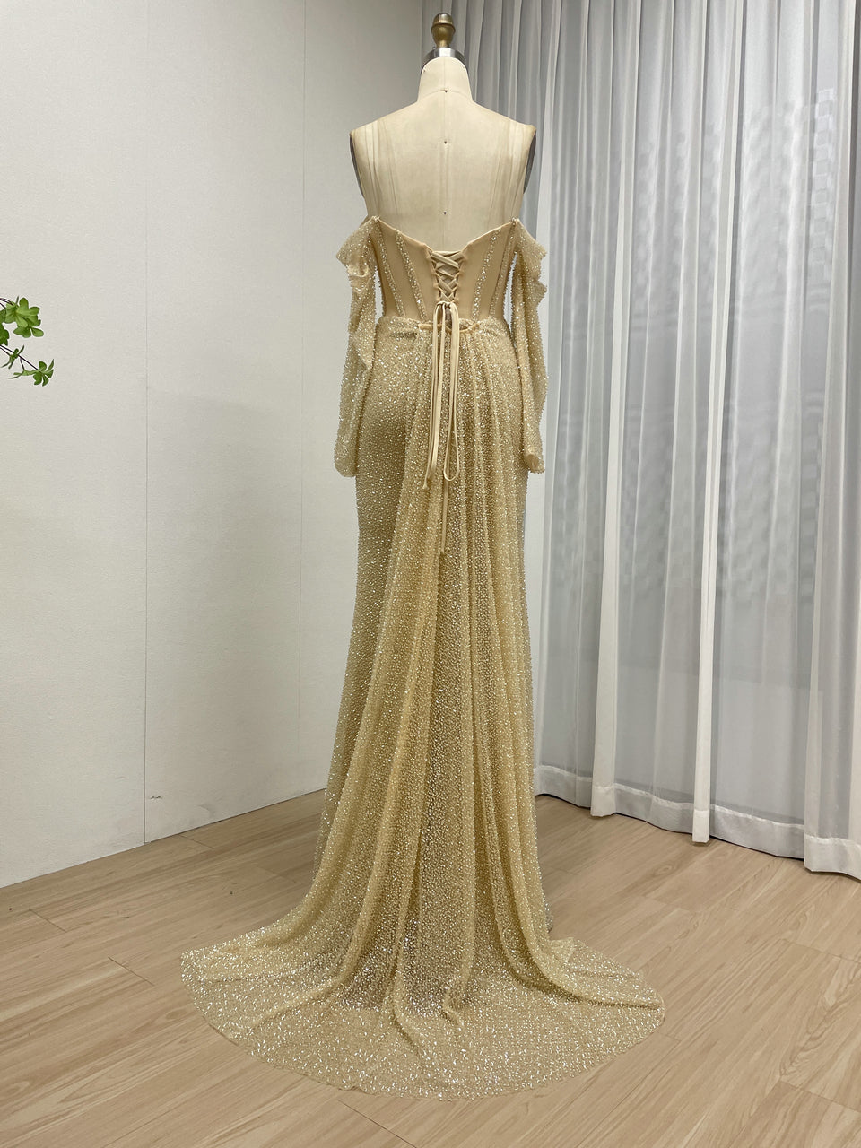 Gold Beaded Off-the-Shoulder Prom & Formal Dress MC20090