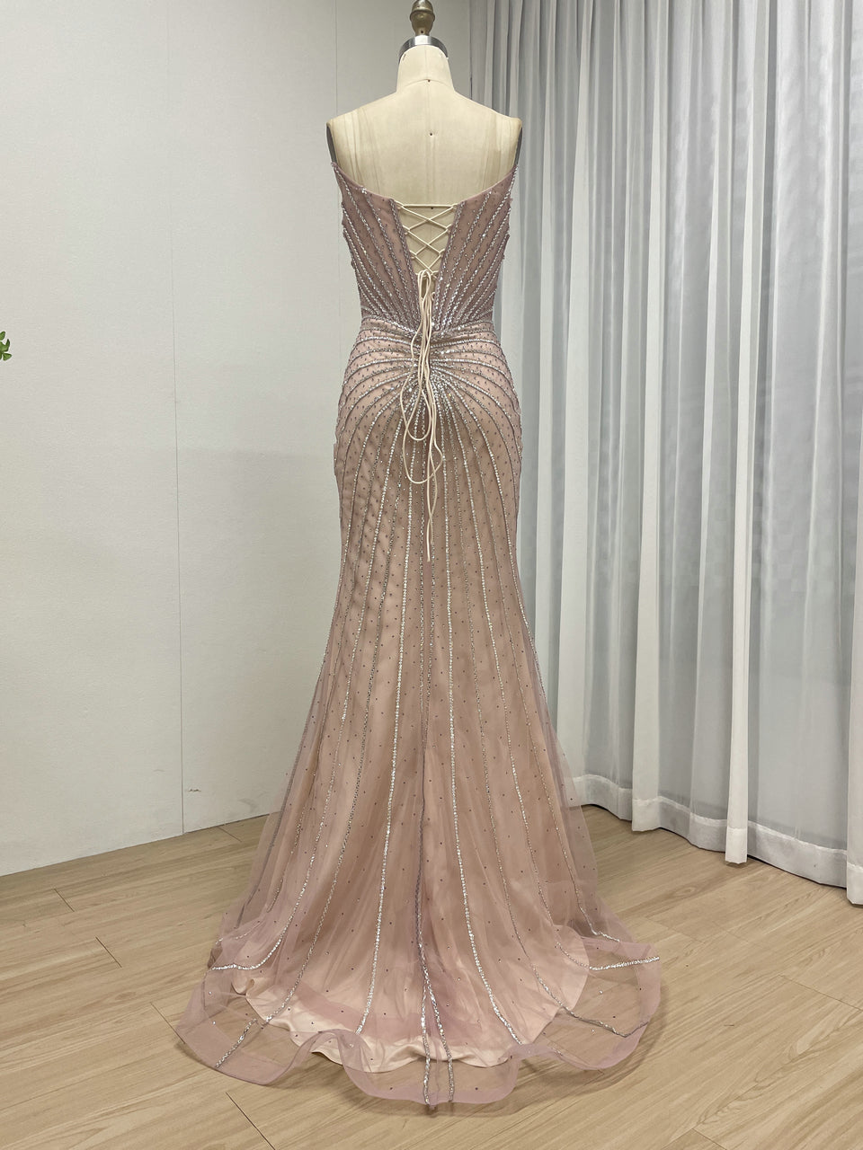 Burgundy Mermaid Evening Gown - Radiating Beaded Prom Dress MC20095
