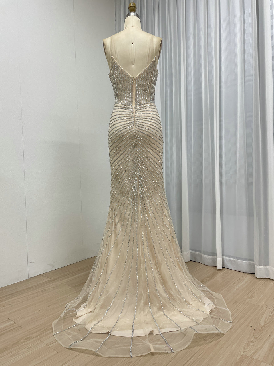 Champagne Crystal Corset Evening Gown - Beaded Mermaid Prom Dress with High Slit MC20096
