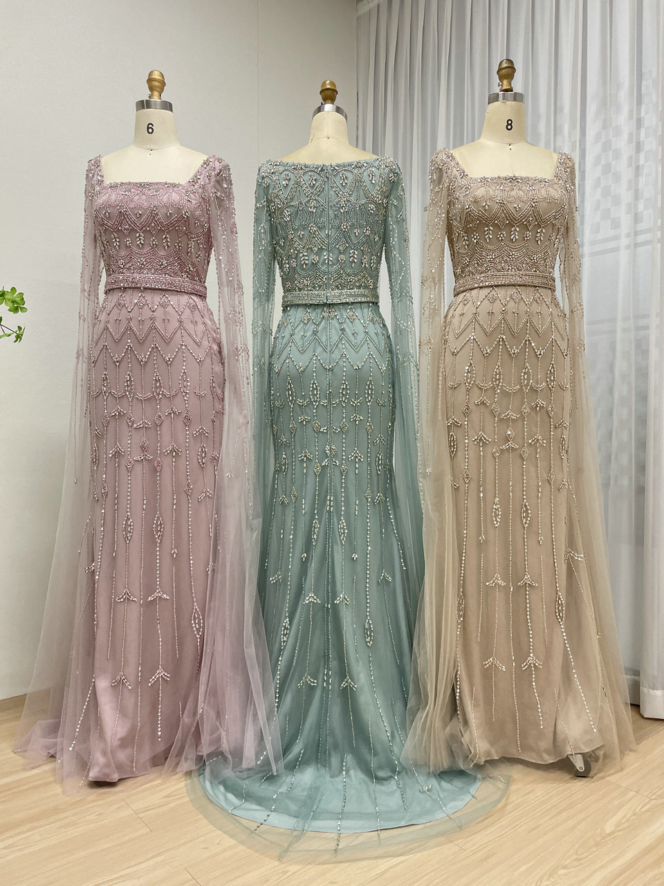 Caramel Beaded Mermaid Evening Gown with Sheer Cape Sleeves MC20100