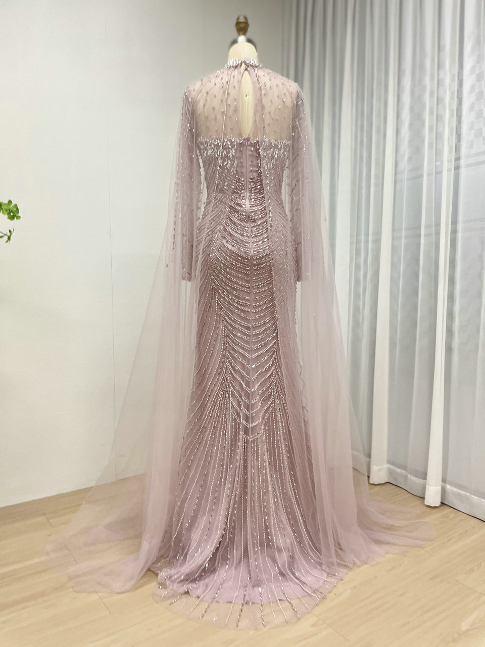 Luxury Beaded Mermaid Evening Gown with Sheer Illusion Cape - Champagne MC20102