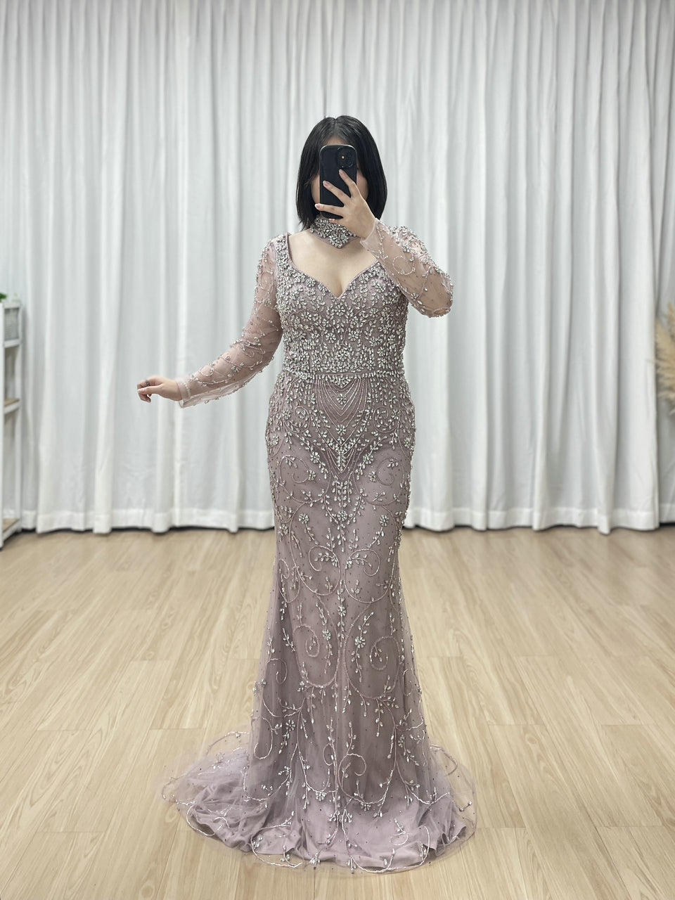 Elegant Handmade Beaded Evening Gown Long Sleeves Luxury Formal Dress for Parties MC20106