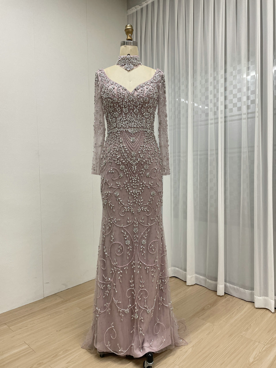 Elegant Handmade Beaded Evening Gown Long Sleeves Luxury Formal Dress for Parties MC20106