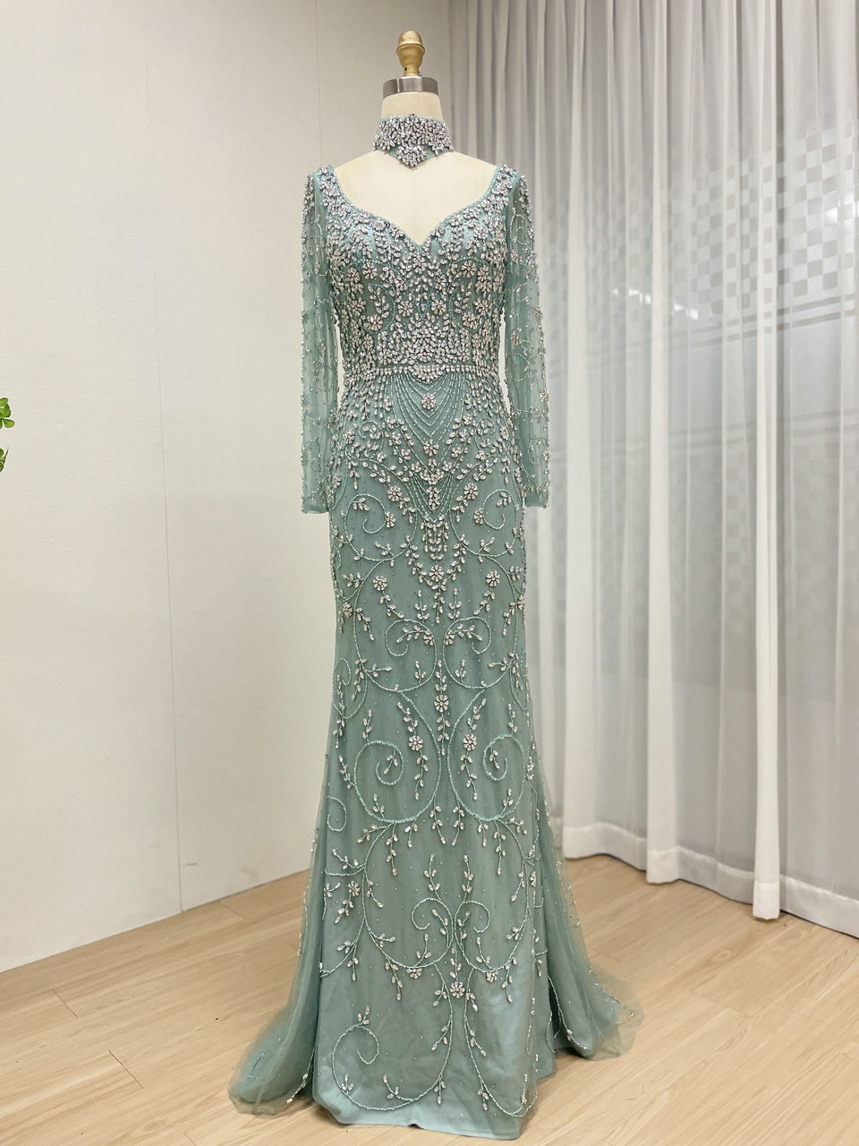 Elegant Handmade Beaded Evening Gown Long Sleeves Luxury Formal Dress for Parties MC20106
