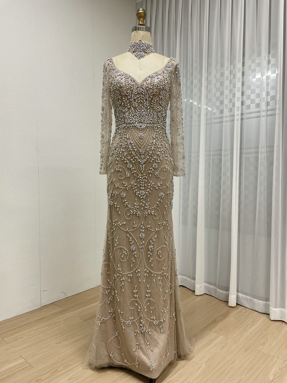 Elegant Handmade Beaded Evening Gown Long Sleeves Luxury Formal Dress for Parties MC20106