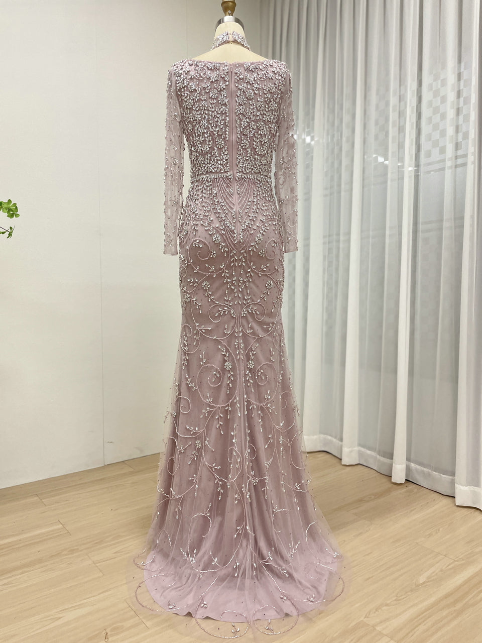 Elegant Handmade Beaded Evening Gown Long Sleeves Luxury Formal Dress for Parties MC20106