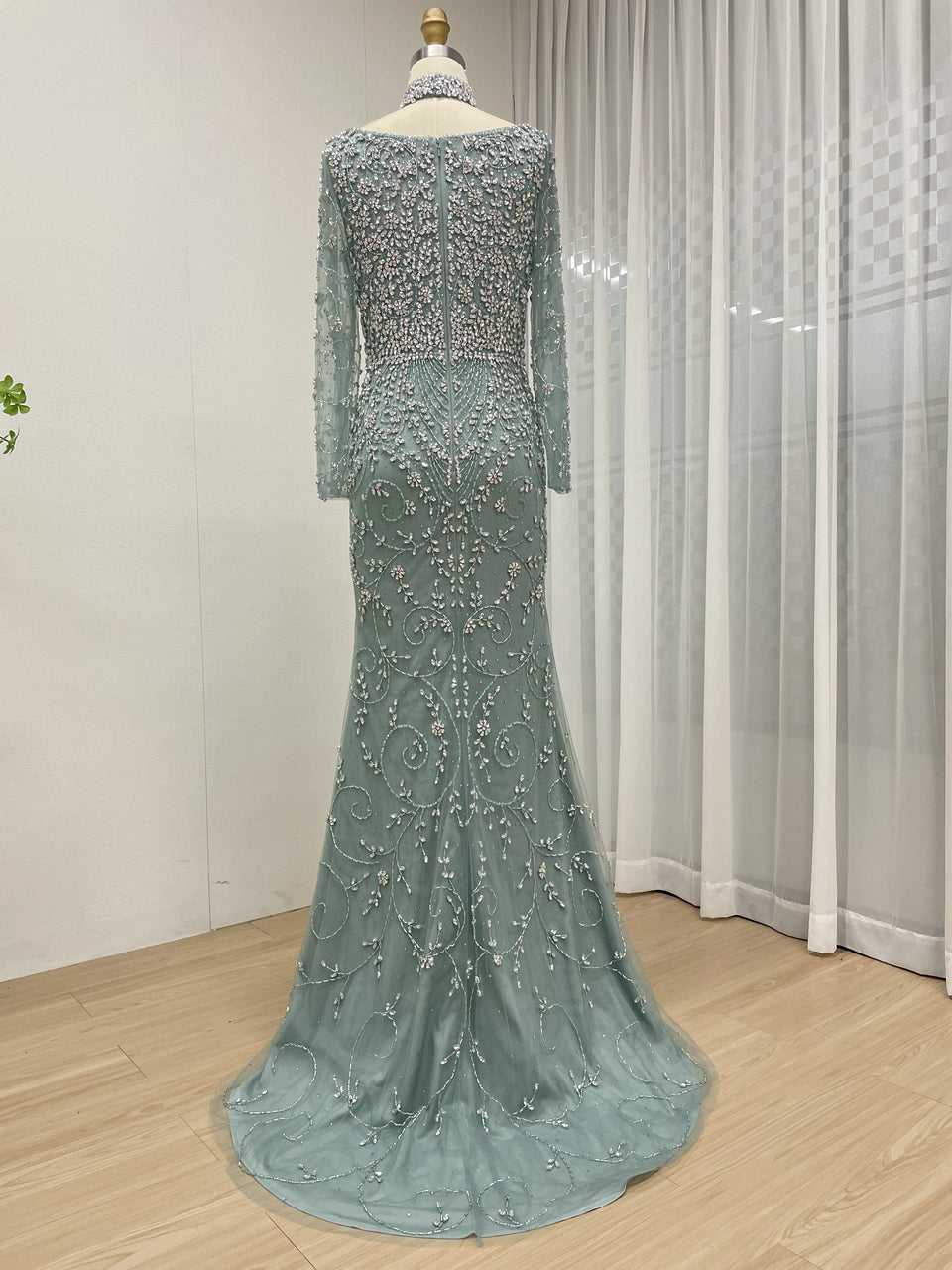 Elegant Handmade Beaded Evening Gown Long Sleeves Luxury Formal Dress for Parties MC20106