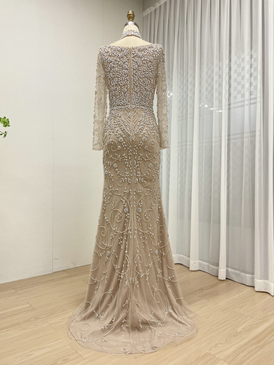 Elegant Handmade Beaded Evening Gown Long Sleeves Luxury Formal Dress for Parties MC20106
