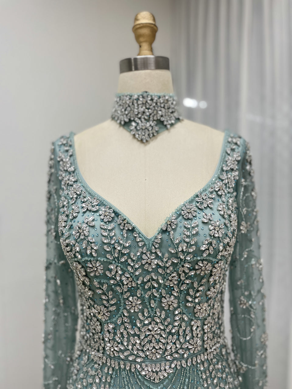 Elegant Handmade Beaded Evening Gown Long Sleeves Luxury Formal Dress for Parties MC20106