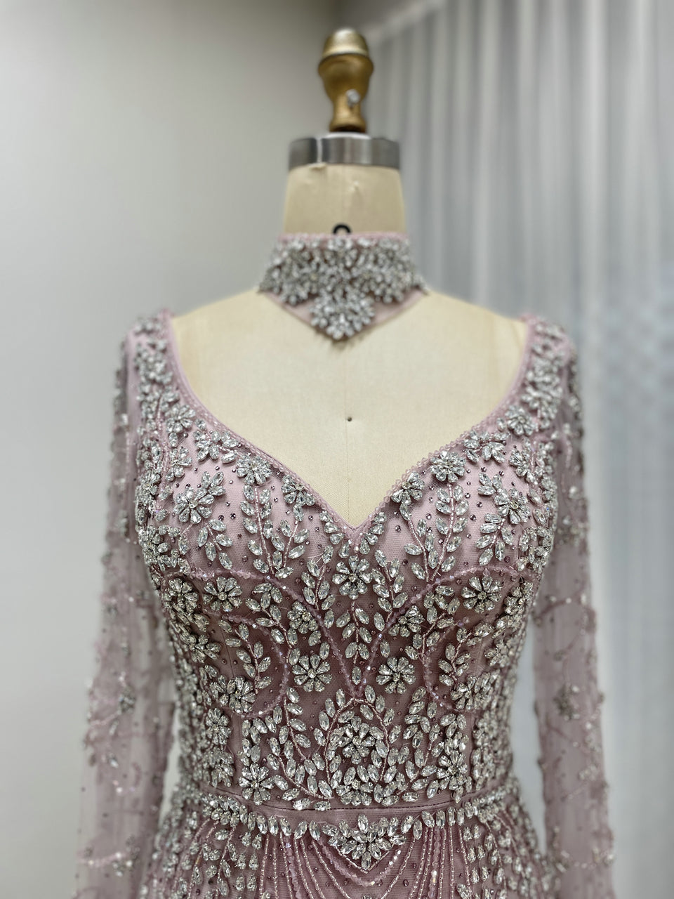 Elegant Handmade Beaded Evening Gown Long Sleeves Luxury Formal Dress for Parties MC20106