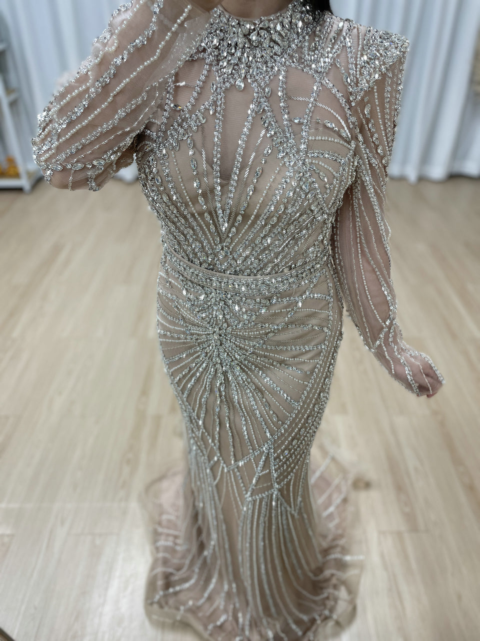 Luxury Champagne High Neck Beaded Evening Gown Crystal Long Sleeve Formal Dress MC20107