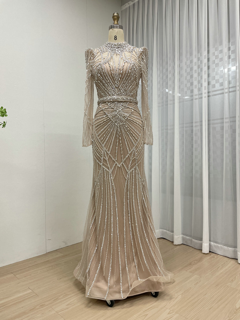 Luxury Champagne High Neck Beaded Evening Gown Crystal Long Sleeve Formal Dress MC20107