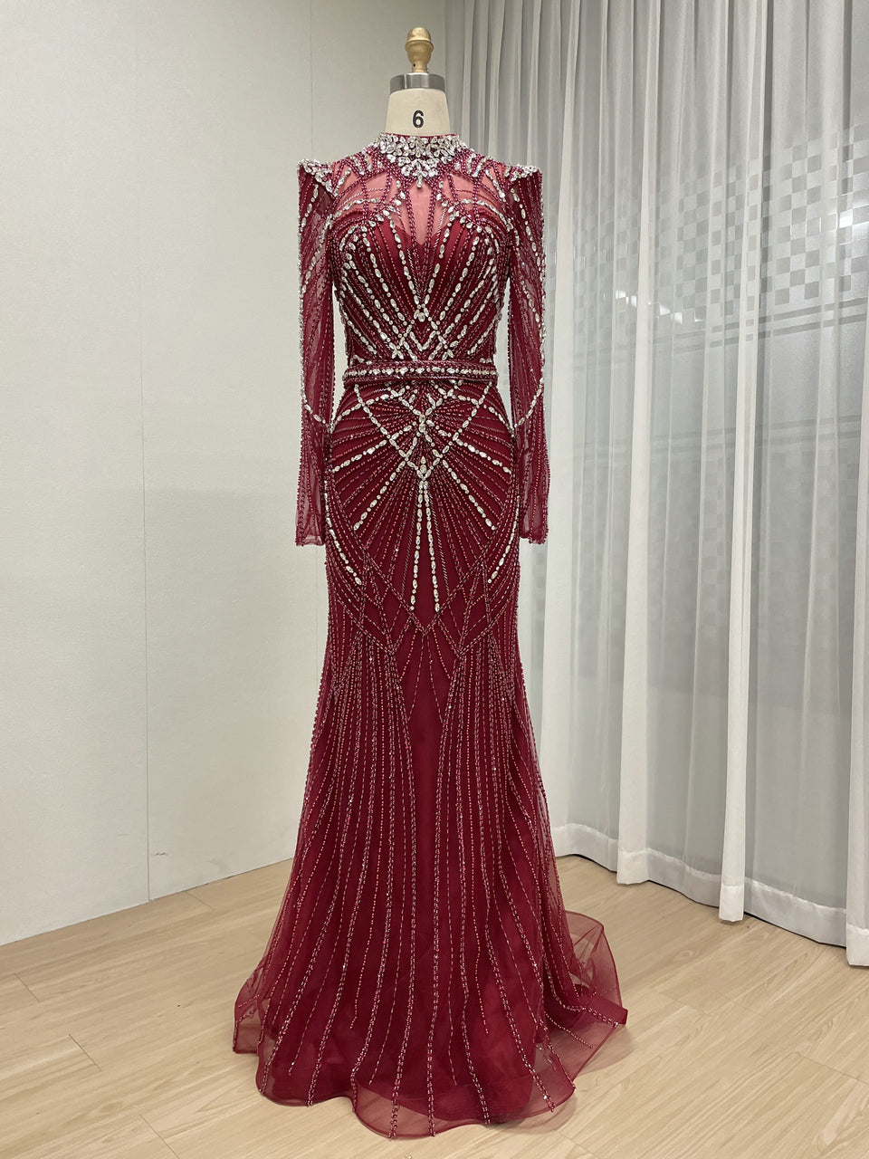 Luxury Champagne High Neck Beaded Evening Gown Crystal Long Sleeve Formal Dress MC20107