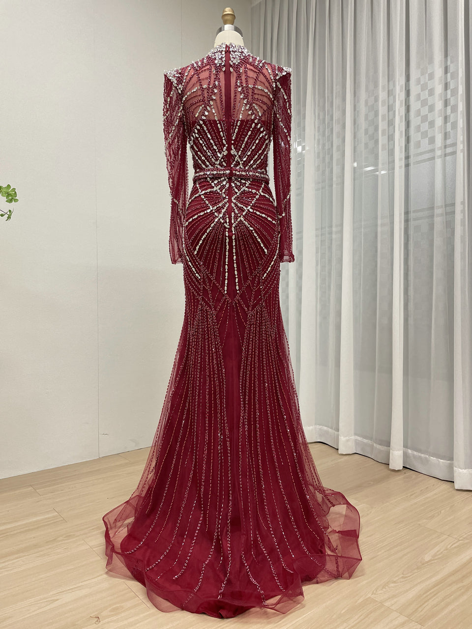 Luxury Champagne High Neck Beaded Evening Gown Crystal Long Sleeve Formal Dress MC20107