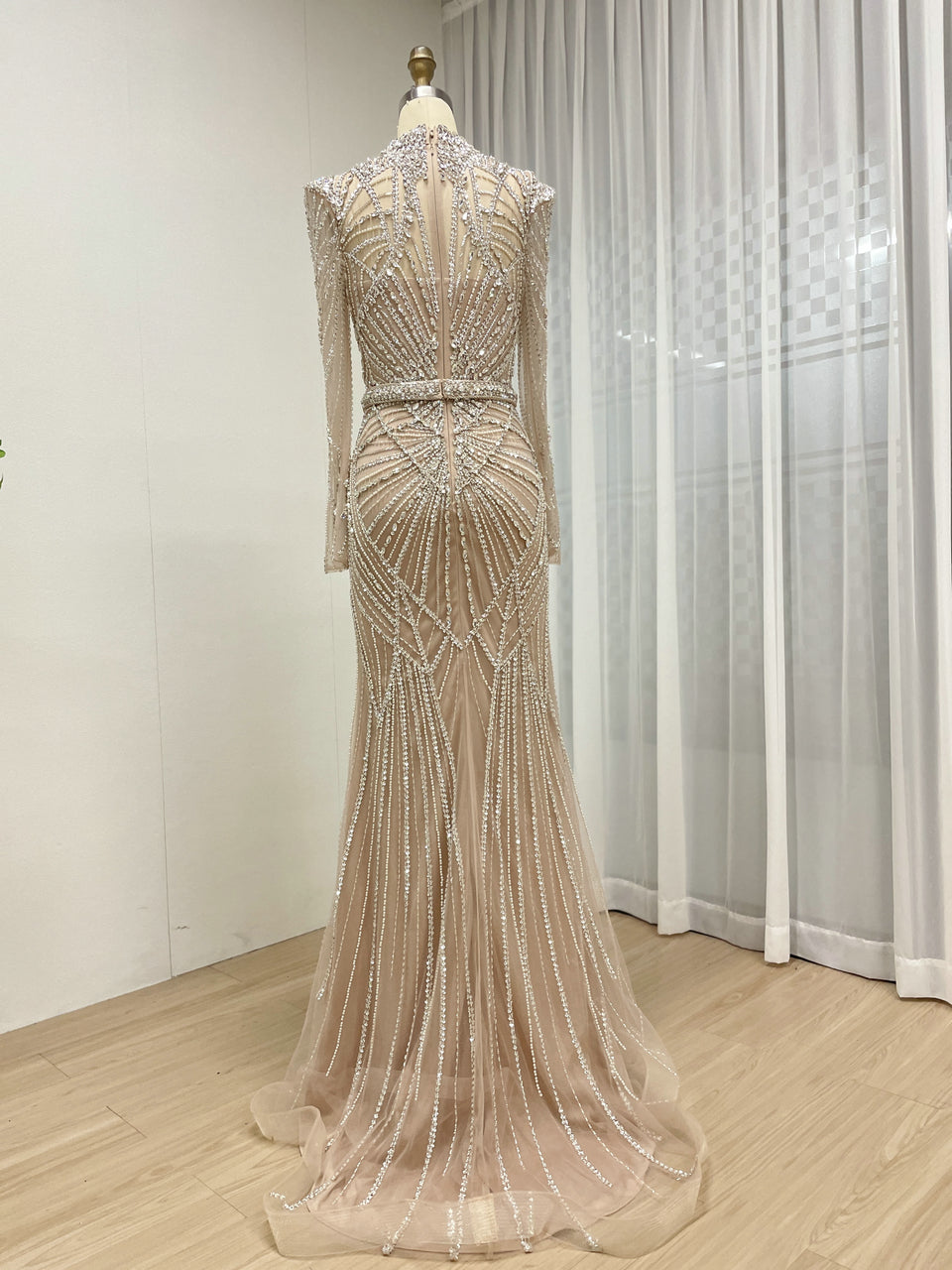 Luxury Champagne High Neck Beaded Evening Gown Crystal Long Sleeve Formal Dress MC20107