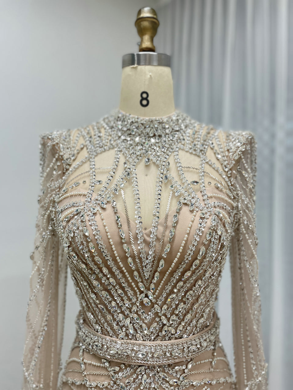 Luxury Champagne High Neck Beaded Evening Gown Crystal Long Sleeve Formal Dress MC20107
