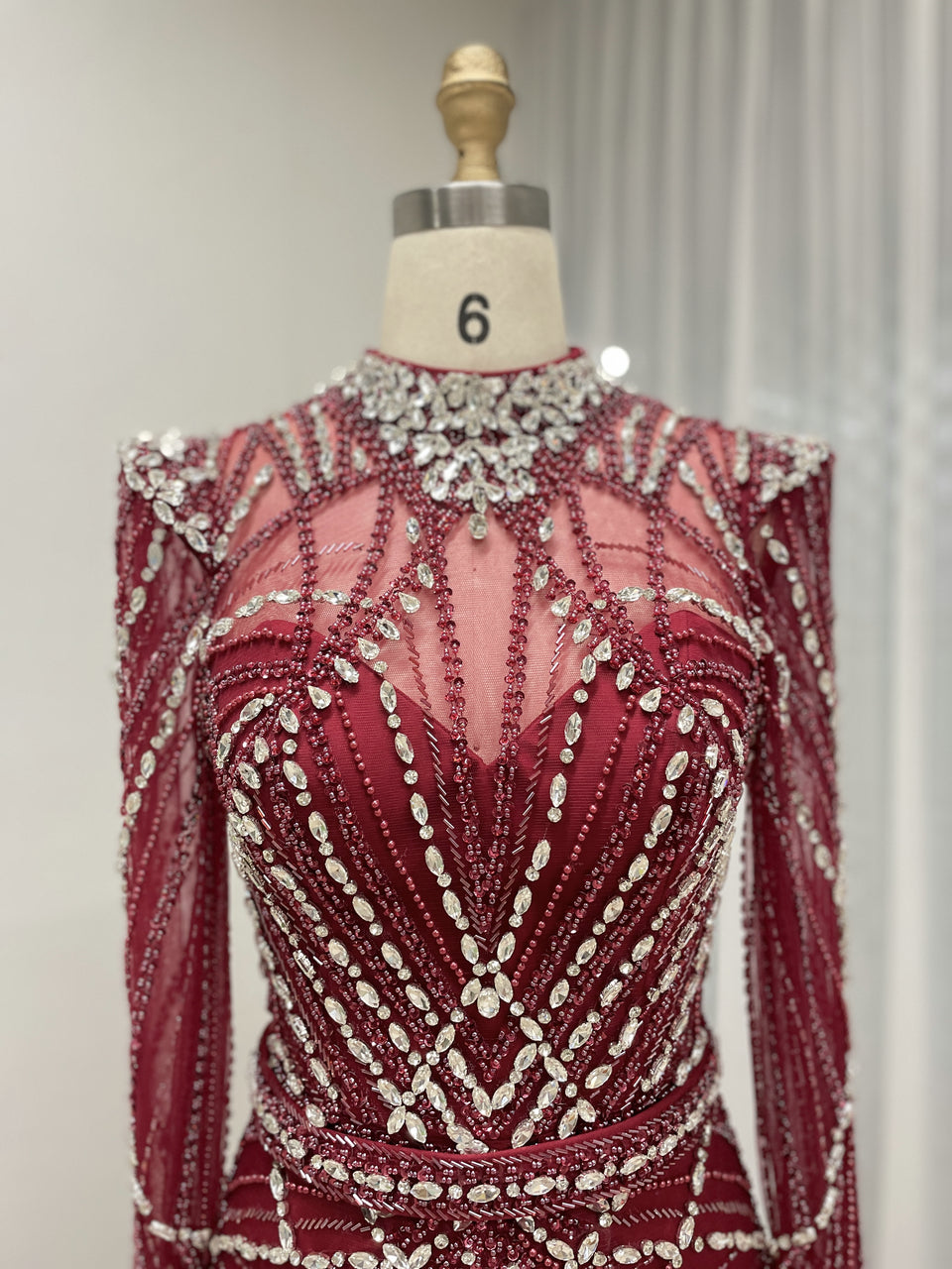 Luxury Champagne High Neck Beaded Evening Gown Crystal Long Sleeve Formal Dress MC20107
