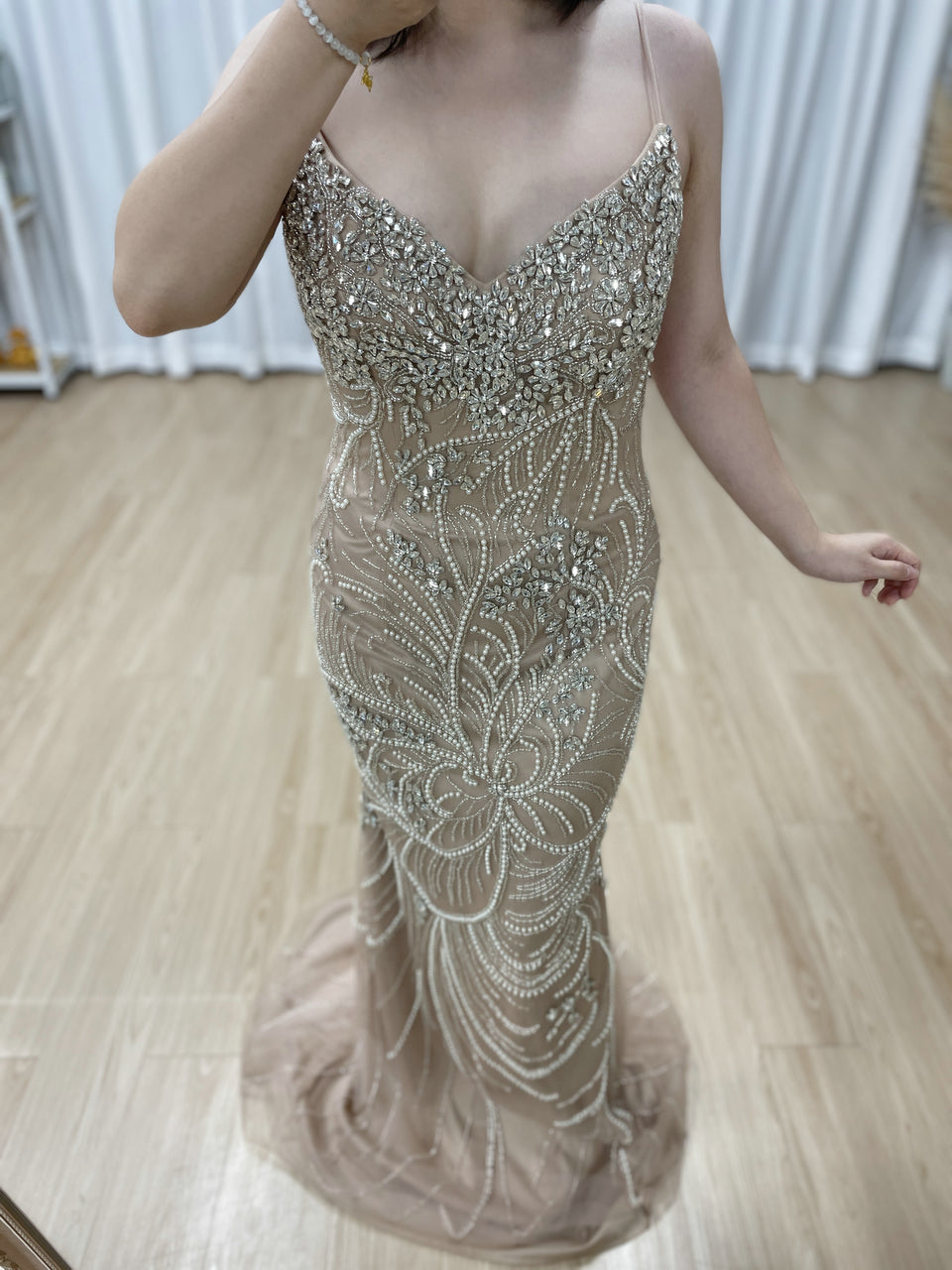 Elegant Champagne Haute Couture Evening Gown Exclusive Formal Party Wedding Guest Dress MC20108