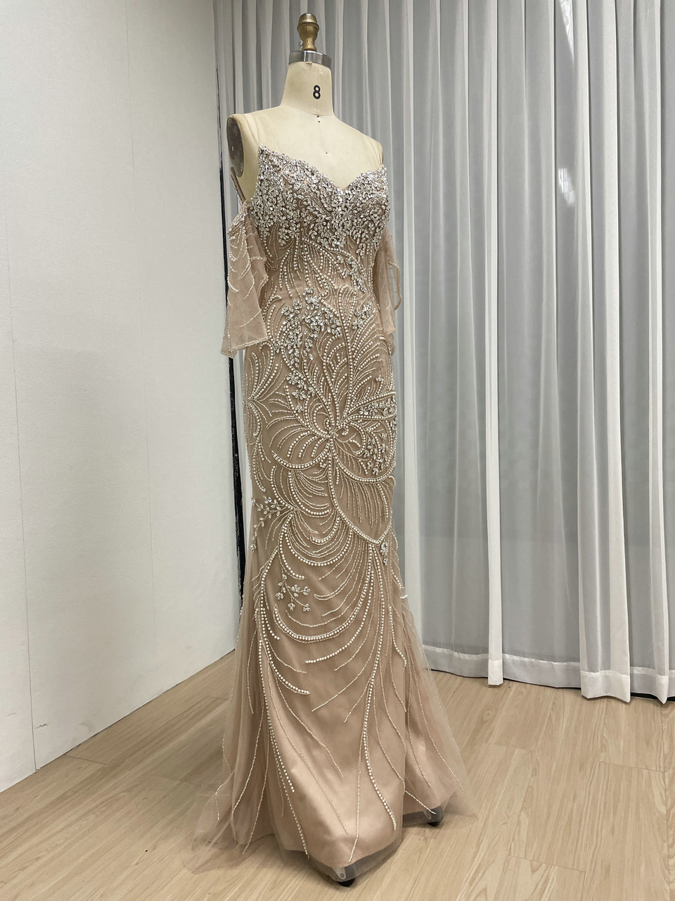 Elegant Champagne Haute Couture Evening Gown Exclusive Formal Party Wedding Guest Dress MC20108
