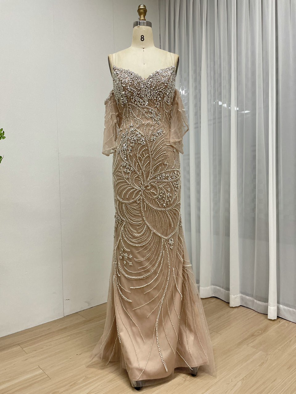 Elegant Champagne Haute Couture Evening Gown Exclusive Formal Party Wedding Guest Dress MC20108